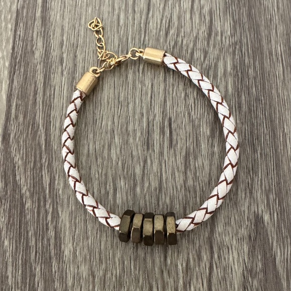 Half United Brass Honeycomb & White Worn Braided Leather Adjustable bracelet GUC - Picture 5 of 10